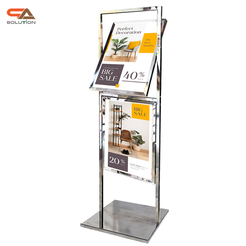 โปสเตอร์สแตนด์ สแตนเลส รุ่น 2 เฟรม หมุนได้ 360 องศา ขนาด 50×70 ซม สแตนเลสเกรด 304 ไม่เป็นสนิม โชว์งานพิมพ์ 2 ด้าน สอดงานพิมพ์ด้านบน