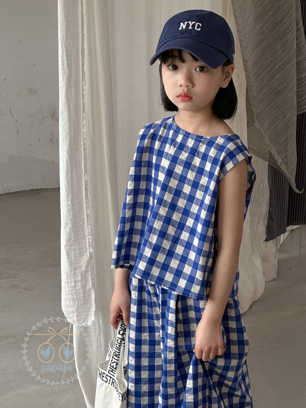 เซตเสื้อแขนกุด+กางเกงขายาวลายสก็อตสีน้ำเงิน