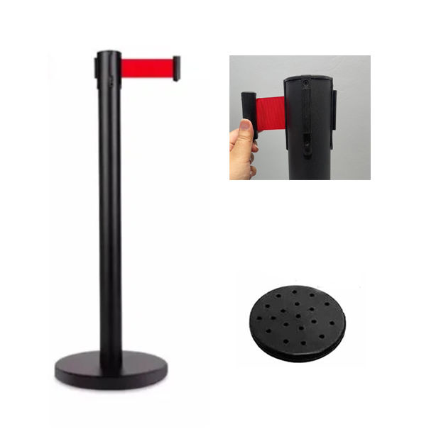 เสากั้นบริเขต เหล็กสีดำ พร้อมสายผ้าดึงกลับอัตโนมัติสีแดง