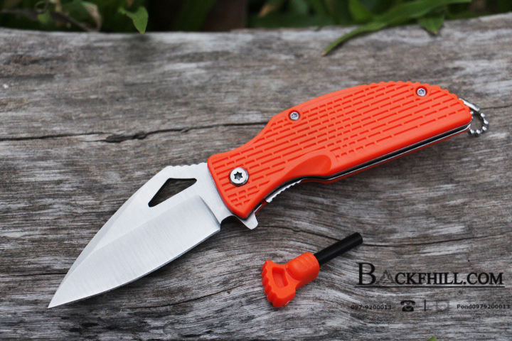 มีดพับจุดไฟยามฉุกเฉิน Folding Knife, Fire Starter Survival.ด้ามส้ม