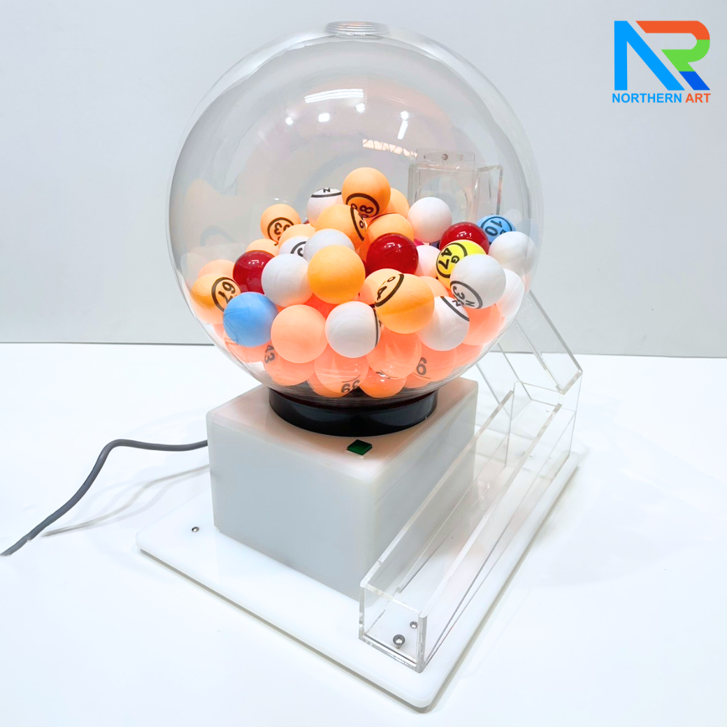 เกมส์จับฉลากไฟฟ้าทรงกลม ตั้งโต๊ะ ขนาด (W)35 X (L)30 X (H)45 cm. ตัวเกมส์หมุนเองอัตโนมัติ พร้อมระบบเซ็นเซอร์จับลูกบอล