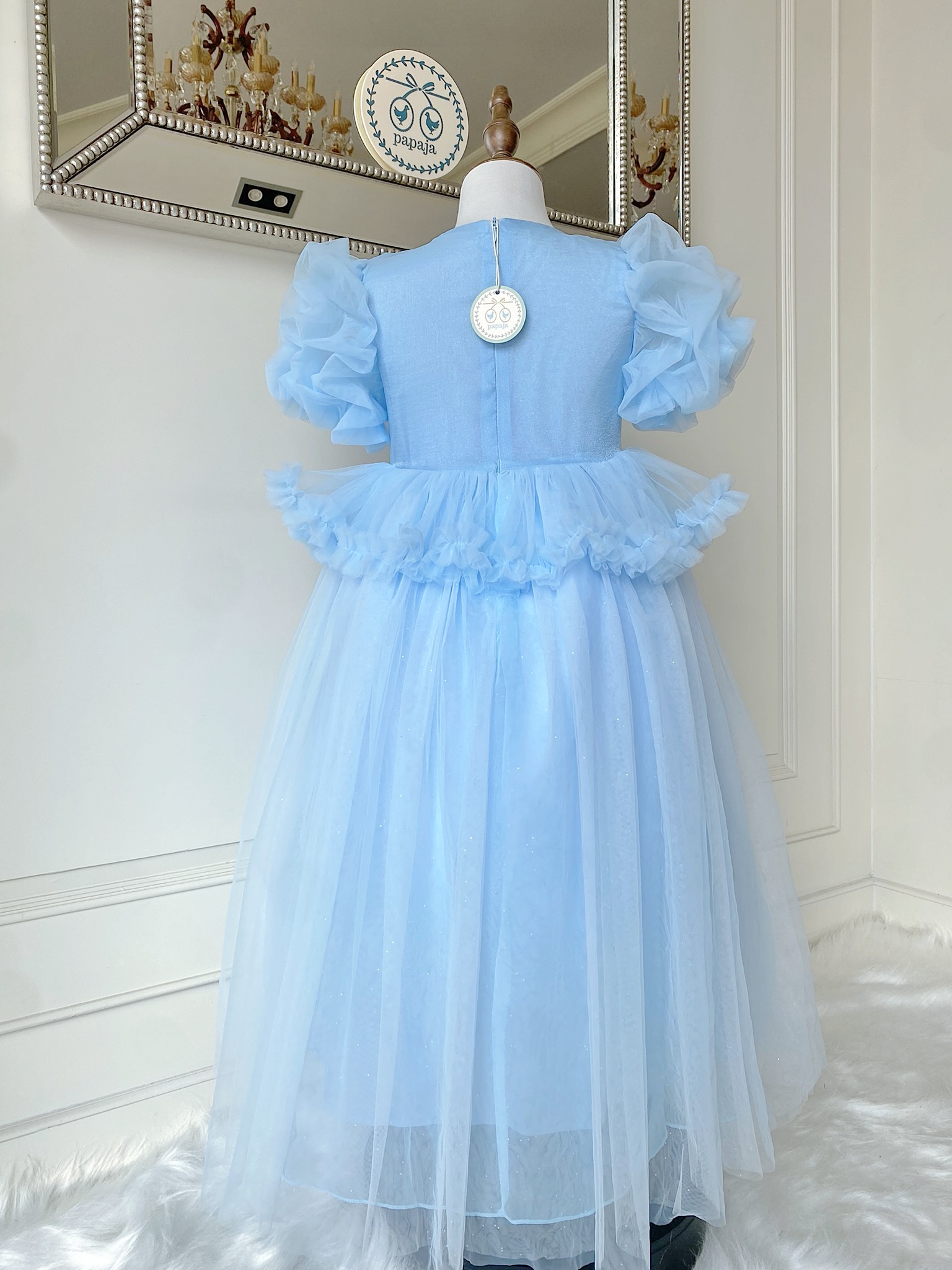 ชุดเจ้าหญิงซินเดอเรลล่าแขนตุ๊กตา ช่วงเอวต่อระบายผ้าโปร่ง 2 ชั้น