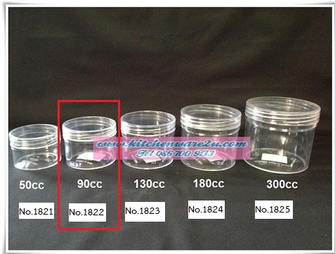 P05736 กระปุกกลมใสฝาเกลียว (6.2*6.2*4.7 cm) ความจุ 90cc พลาสติกเนื้อแข็ง No.1822 (ราคาขายส่งต่อ 1 ลัง: 12 โหล :144 ใบ:เฉลี่ย 8 บต่อใบ)