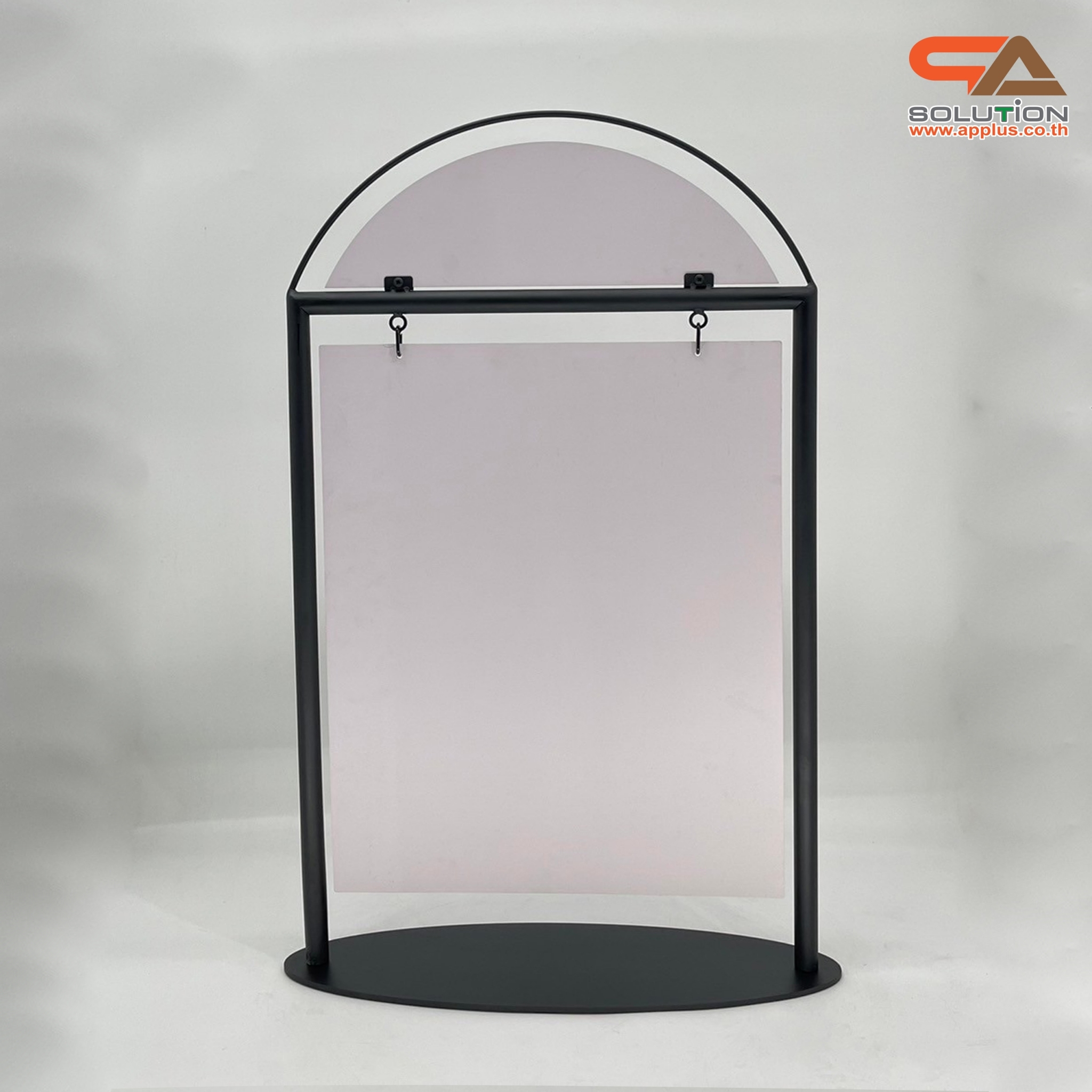 ป้ายตั้งพื้น ป้้ายมินิมอล เหล็กสีดำ ขนาด (W)59 x (H)95 cm. โชว์งานพิมพ์ 2 ด้าน ฐานวงรี ถอดประกอบได้