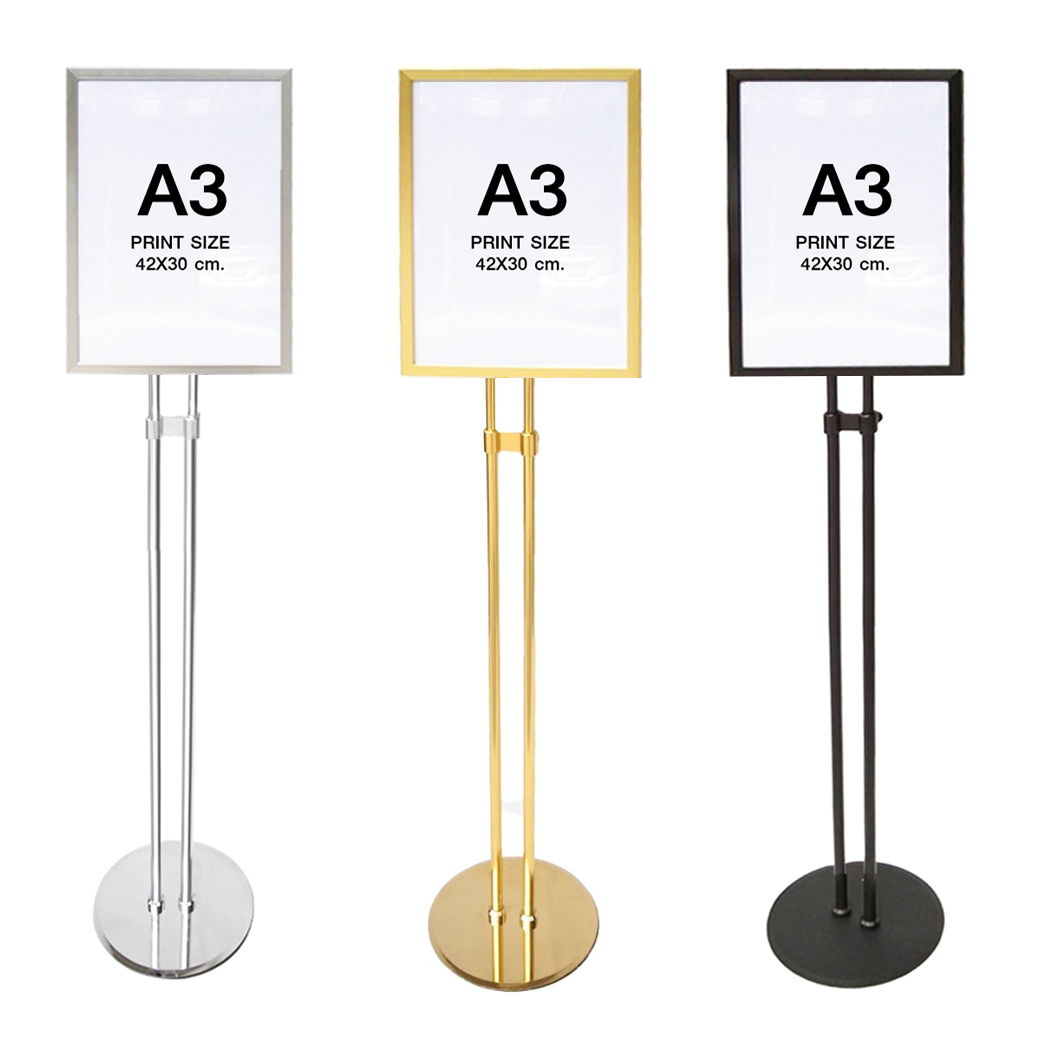 โปสเตอร์สแตนด์ ขนาดA3 ฐานกลม เสาคู่ โชว์งานพิมพ์ 1 ด้าน ปรับเอียง 360 องศา ปรับแนวตั้ง-แนวนอน และปรับสูง-ต่ำได้