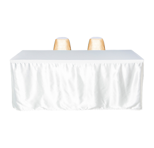 เช่าโต๊ะเหลี่ยมคลุมผ้าสีขาว ขนาด (W)75 x (L)180 x (H)75 cm. พร้อมเก้าอี้ 2 ตัวคลุมผ้า ผูกโบว์