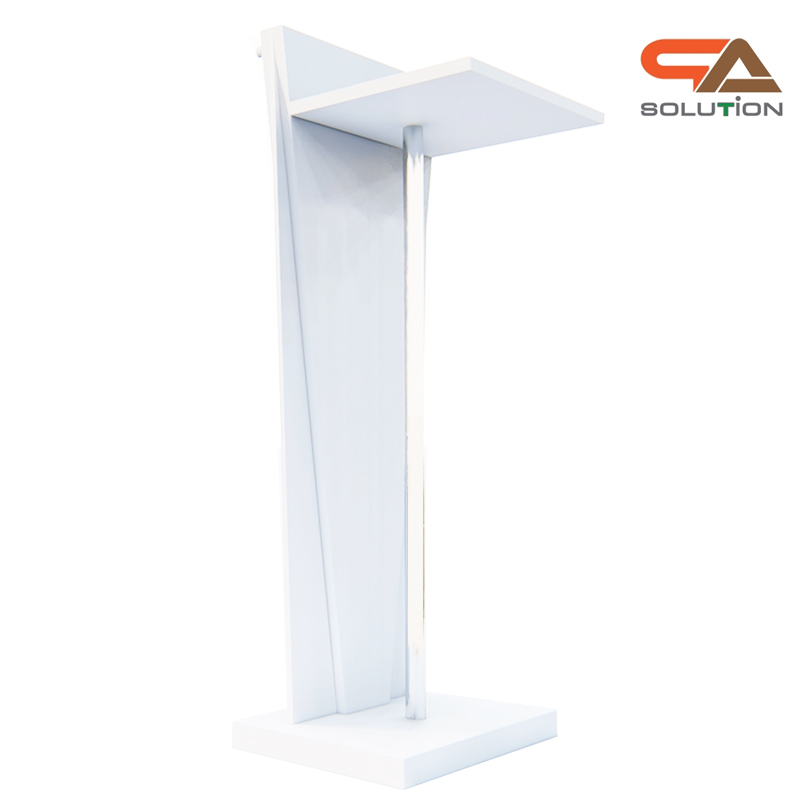 เช่าโพเดียมไม้สีขาว ทรงสามเหลี่ยม Triangle White Podium สีขาว ด้านหน้าอะคริลิคใส ติดหมุด (เฉพาะสาขาเชียงใหม่)