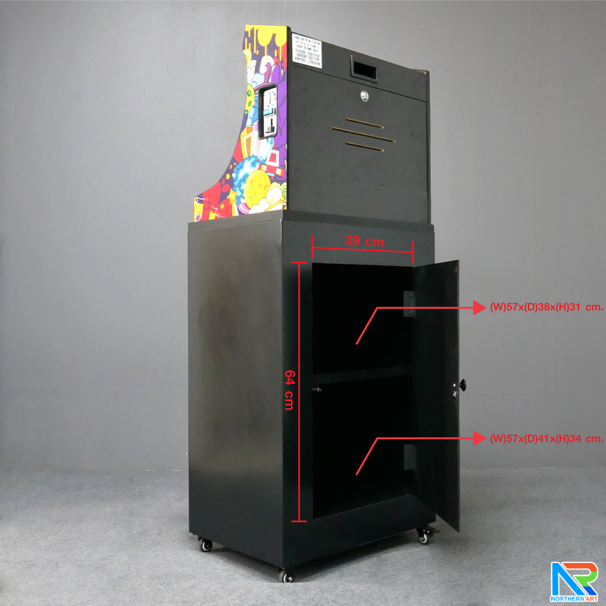 เช่าตู้เกมส์กดตั้งพื้น พร้อมเกมส์นับ 1,000+ มีลำโพงและเพลงในตัว เล่นพร้อมกันได้ 2 คน ขนาด (W)59 x (D)42 x (H)144cm