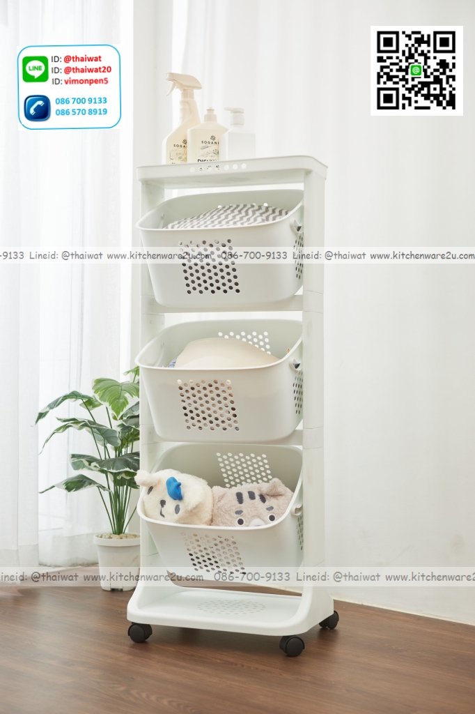 P12124 ชุดตะกร้าเอนกประสงค์ 3 ชั้น มีล้อ (44*33*110 cm) สีขาวเกรดเอ ดีไซน์ใหม่ No.1026M3 ราคาขายส่งต่อ 6 ชุด: เฉลี่ย 400 บต่อชุด