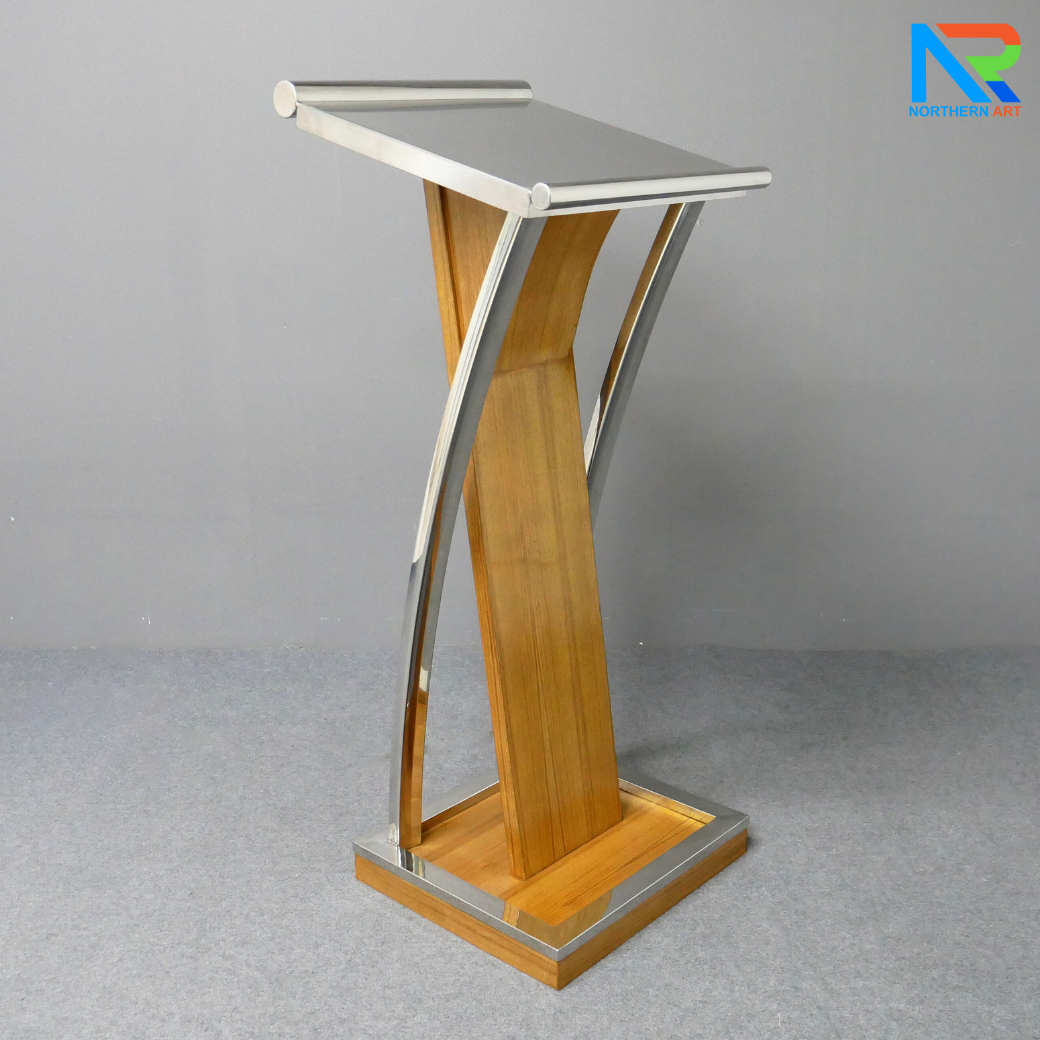 โพเดียมไม้จริง สีสัก PD-01 ขนาด (W)48 x (L)51 x (H)120 cm Top หุ้มสแตนเลส เกรด 304 แข็งแรงทนทาน พร้อมจัดส่งทั่วไทย