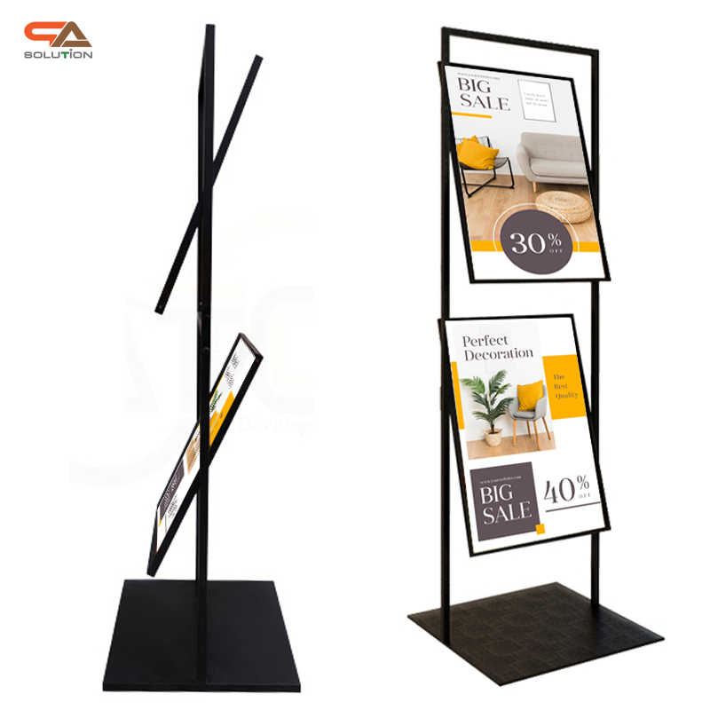 ป้ายตั้งพื้นเหล็ก สีดำ รุ่น 2 เฟรม หมุนได้ 360 องศา ขนาด 50×70 ซม. พร้อมอะคริลิคใสหนา 2 มม. 2 แผ่น สอดงานพิมพ์ทางด้านบน โชว์ภาพ 2 ด้าน