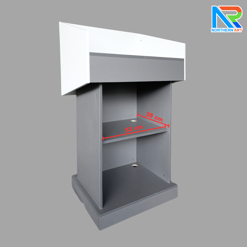 โพเดียมไม้MDF ทูโทน สีขาว และสีเทา ขนาด (W)73 x (L)54 x (H)117 cm. พร้อมชั้นวาง