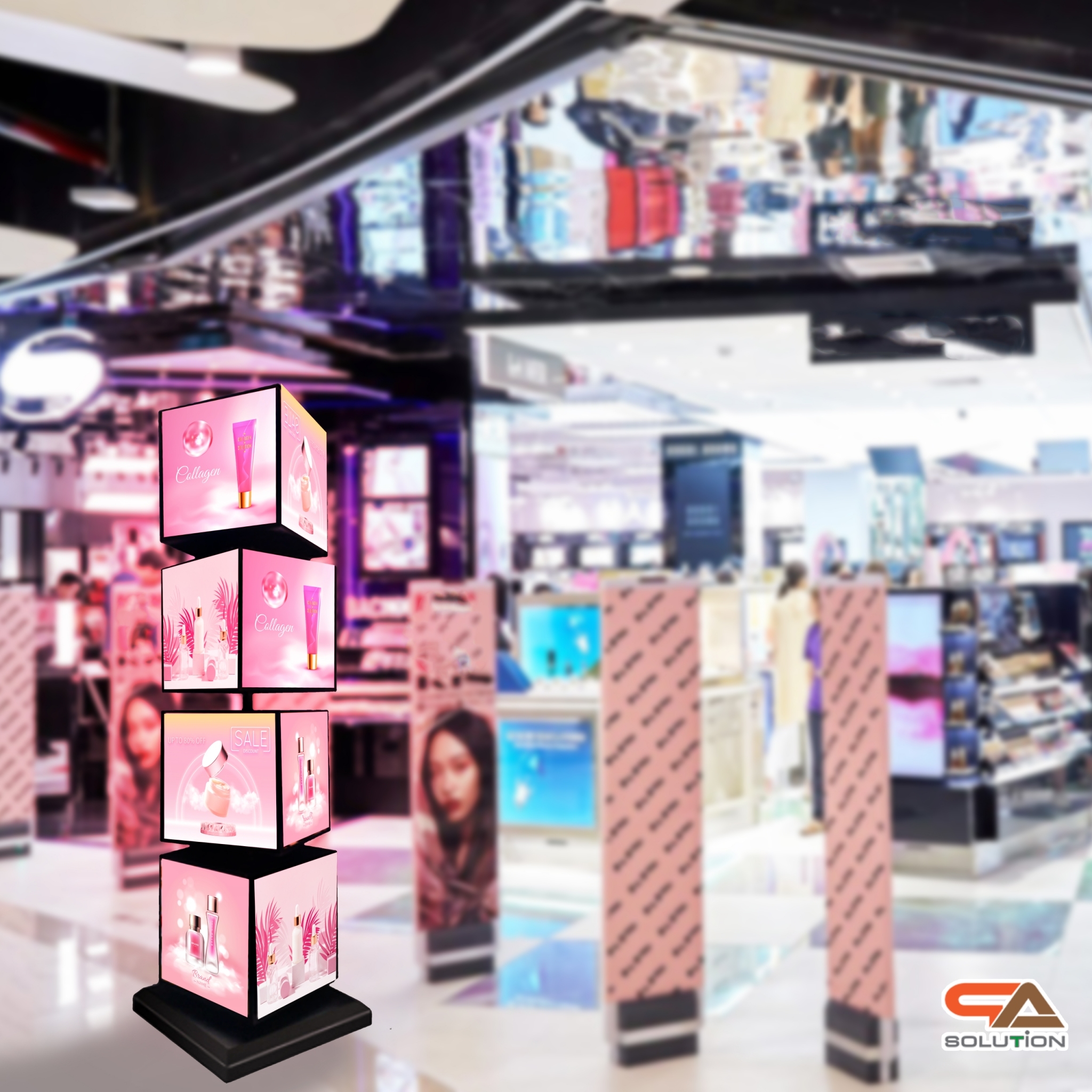 เช่าตู้ไฟLEDตั้งพื้น หมุนได้360องศา ทรงลูกเต๋า 4 ชั้น ขนาด (W)30 x (D)30 x (H)150 ซม. โชว์งานพิมพ์ 4 ด้าน ไว้ภายนอกอาคารได้