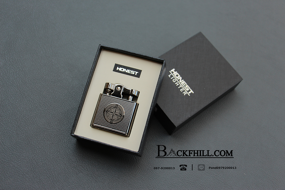 ไฟแชคทองเหลืองแท้ Honest Promise Luxury Lighter สีเงินรมดำ ลายเข็มทิศคลาสสิค ของแท้ 100%