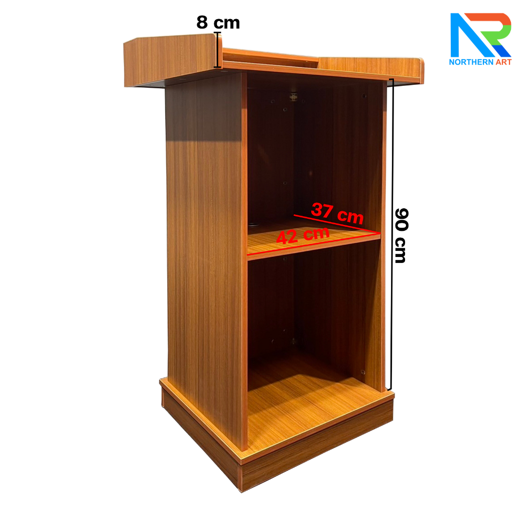 โพเดียมไม้ ลายไม้สีสัก ขนาด (W)63 x (D)50 x (H)111 cm. พร้อมชั้นวางของ