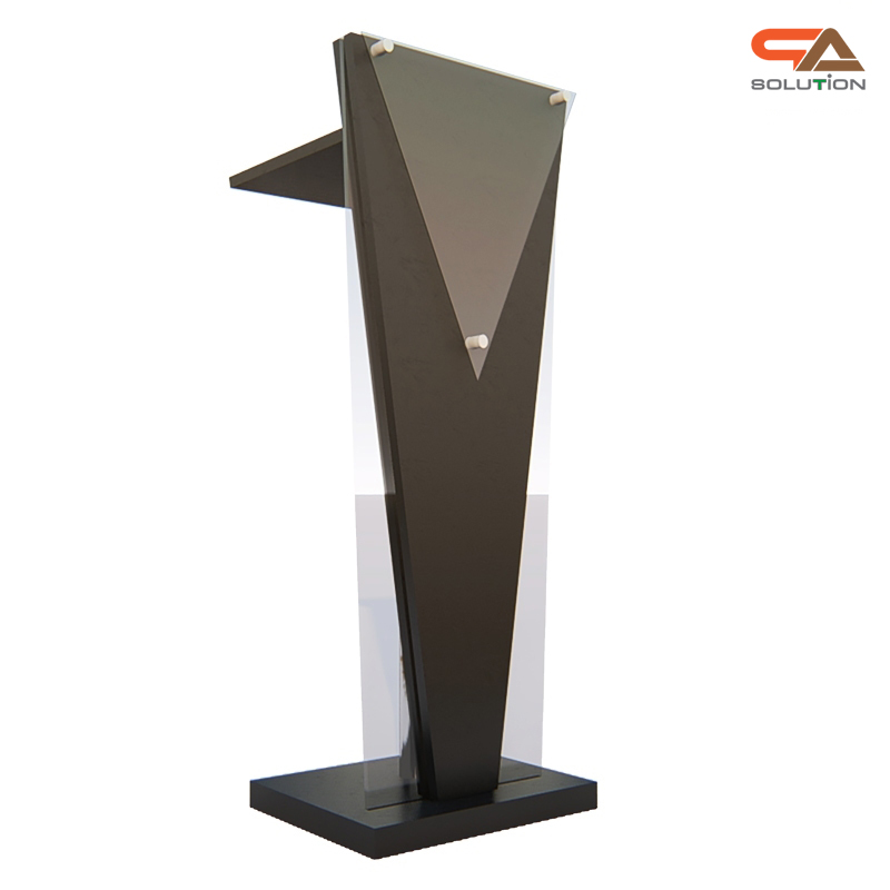 โพเดียมไม้สีดำ ทรงสามเหลี่ยม ขนาด (W) 45 x (L) 35 x (H) 120 cm. ด้านข้างอะคริลิคใส หนา 8 มม. ด้านหน้าอะคริลิคใส ติดหมุด สำหรับติดโลโก้