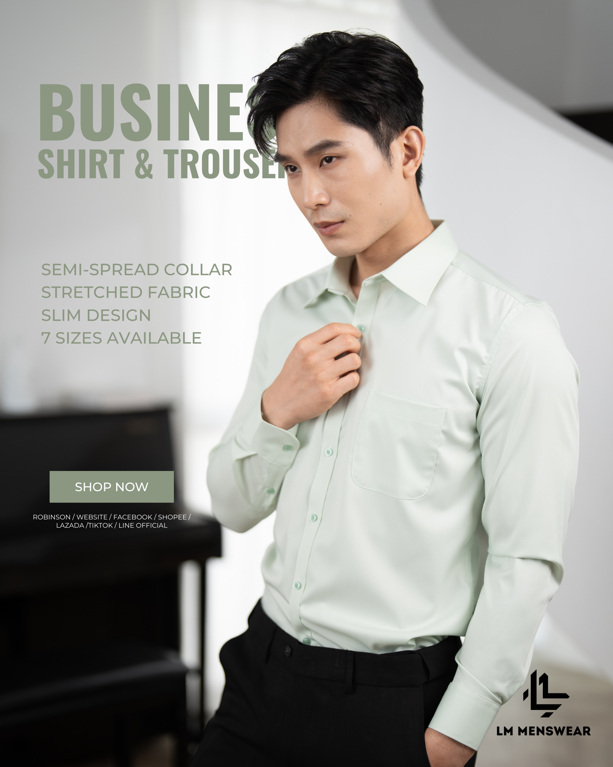 Business Shirt เสื้อเชิ้ต รุ่นบิสเนส โทนสีขาว ปก Semi-Spread Collar ทางการ เหมาะสำหรับใส่เน็คไทด์