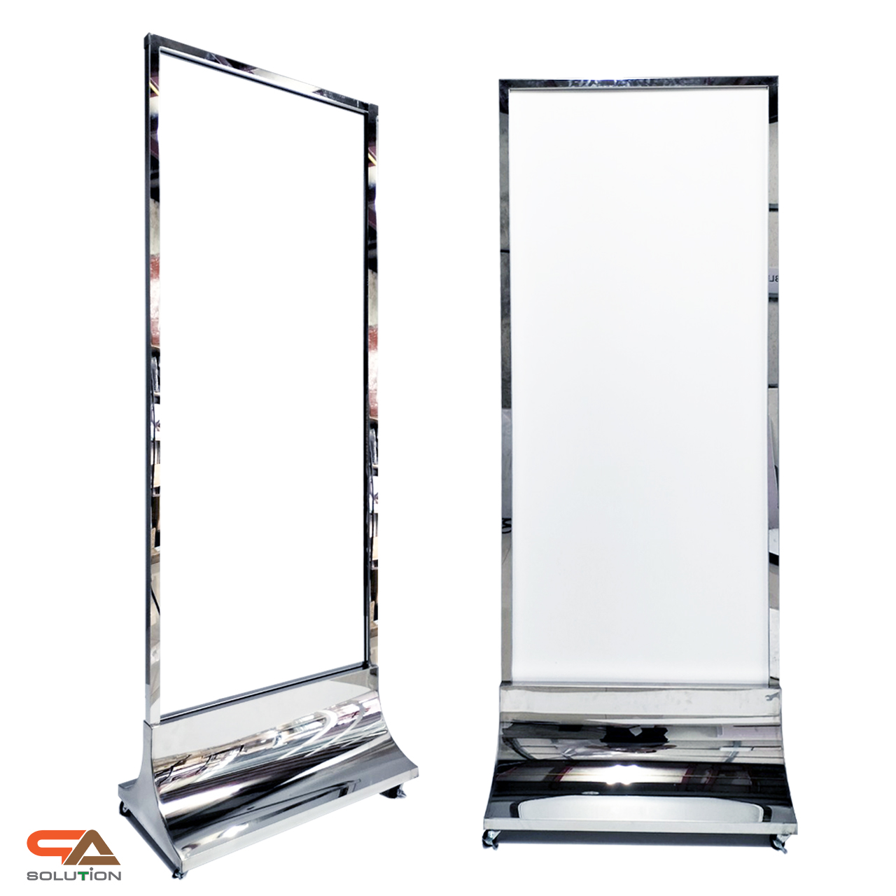 CLEARANCE SALE! ป้ายตั้งพื้น ฐานสแตนเลสเงา ทรงสามเหลี่ยม ขนาด 80x180 cm.ถอดประกอบได้ โชว์งานพิมพ์ 2 ด้าน พร้อมล้อเลื่อน