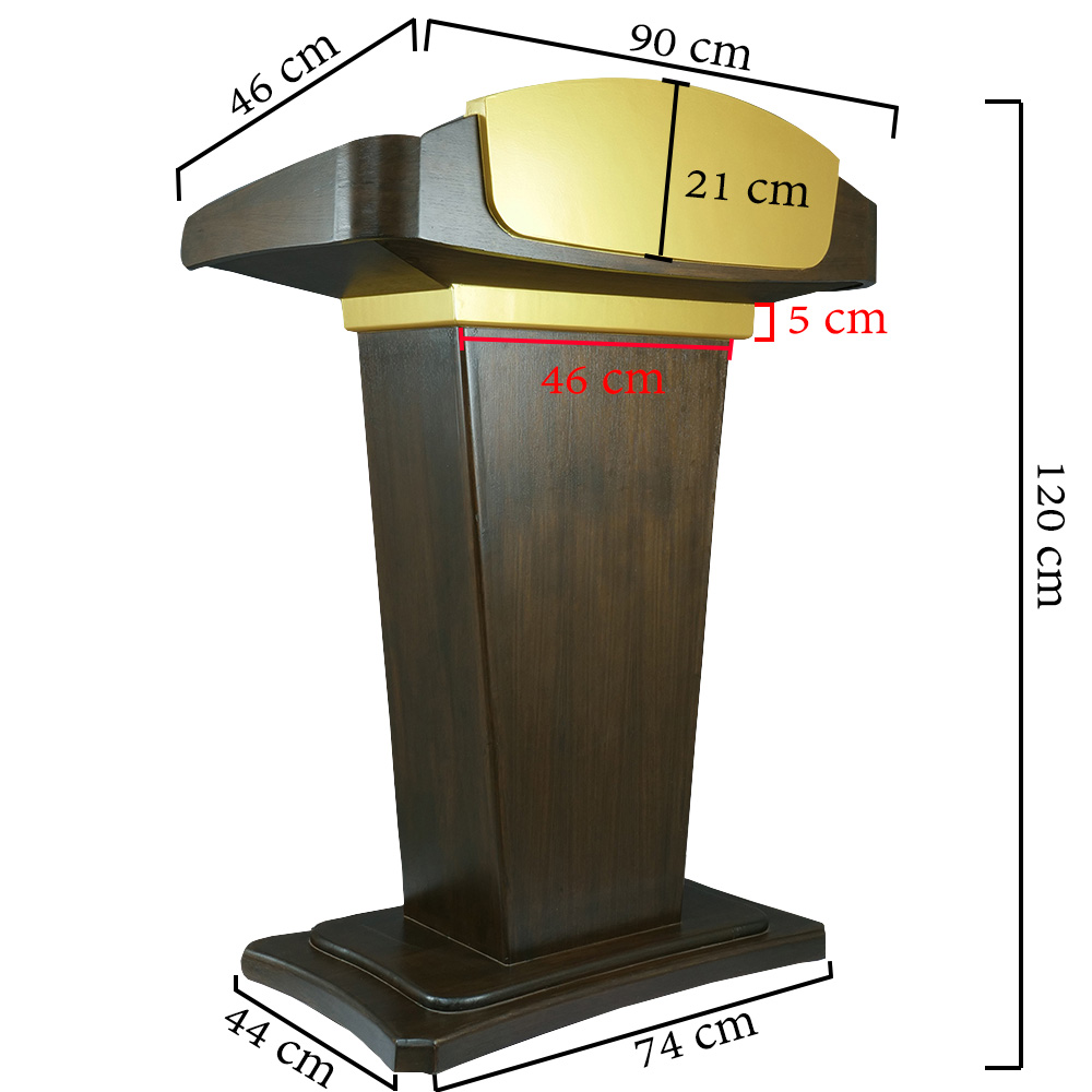 โพเดียมลายไม้ สีโอ๊คน้ำตาล และสีทอง รุ่น PD-07 ขนาดTOP (W) 90 x (L) 46 สูง 120 ซม. พร้อมชั้นวางของ