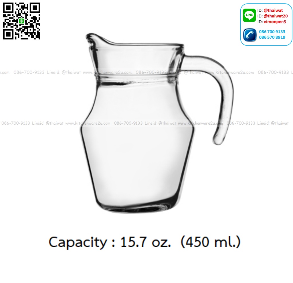 P11727 เหยือกแก้ว ขนาดเล็ก 15.7 oz. (450 มิล) No.J00116 ราคาส่งต่อ 1 ลัง : 24 ใบ : 1080 บต่อลัง