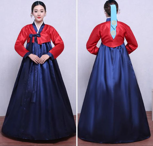 ชุดฮันบกเกาหลี ชุดประจำชาติเกาหลี (ชุดฮันบกสตรีเกาหลีสีแดงน้ำเงิน) 한국 전통 여성 궁궐 한복 한국 민족 의상 Korean Traditional Women's Palace Hanbok Korean National Dress (Red & Blue Colors)