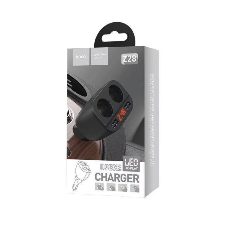 HOCO หัวชาร์จในรถ 3.1A USB 2 พอร์ต มีช่องเพิ่มที่จุดบุหรี่ 2 ช่อง และจอ LED บอกสถานะ Car charger with digital display (สีดำ) จำนวน 1 ชิ้น ดำ
