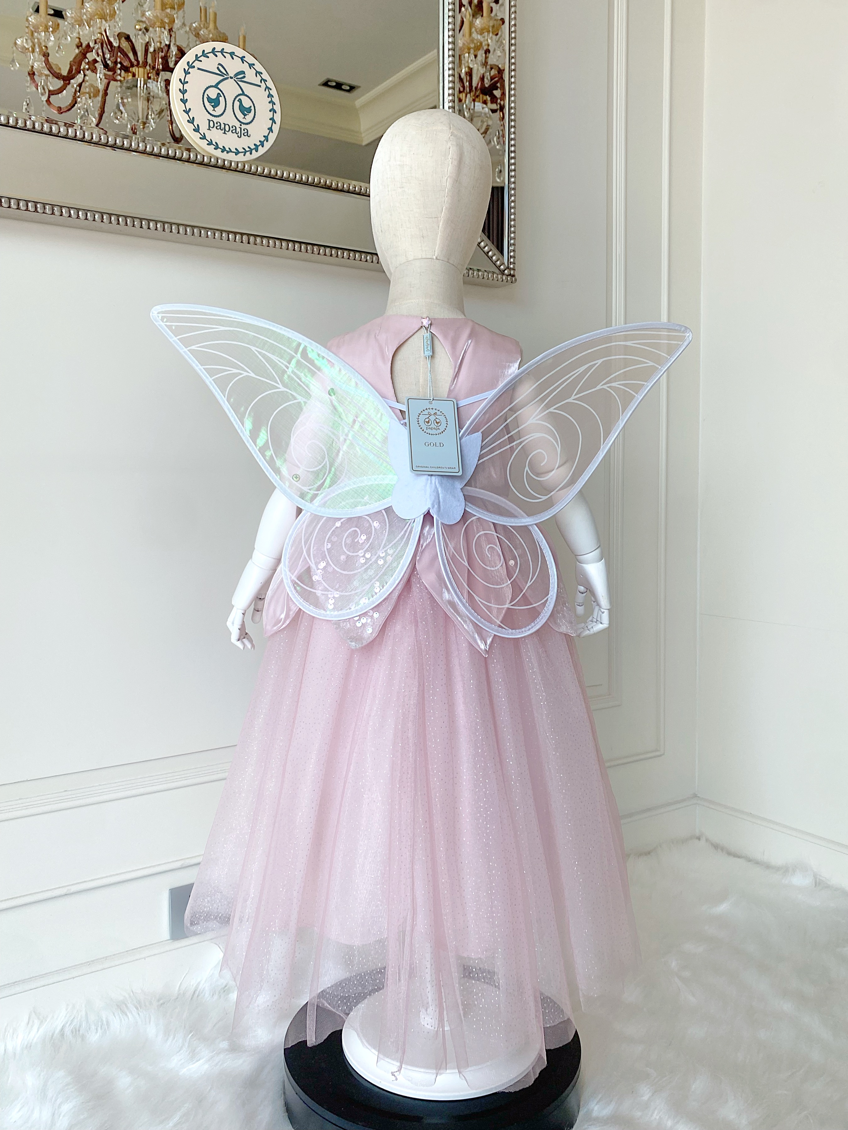 ชุดเจ้าหญิงทิงเกอร์เบลสีชมพูพร้อมปีกสีขาว รุ่นไฮพรีเมี่ยม งานสวยอลัง ปักเลื่อมทั้งชุด