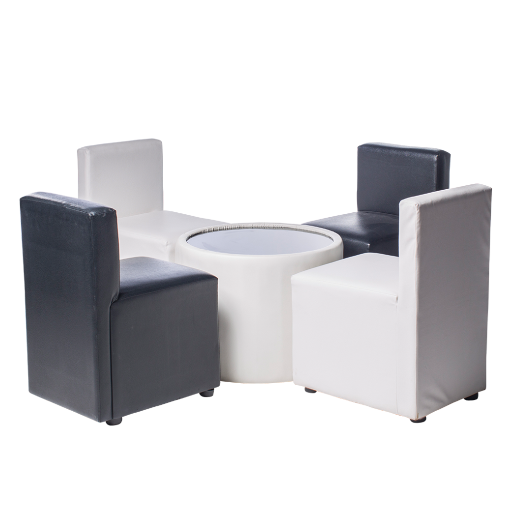 เช่าชุดโต๊ะทรงกลม หุ้มหนังทั้งตัว TOP กระจก พร้อมเก้าอี้ 4 ตัว (เก้าอี้มีหลายแบบให้เลือก)