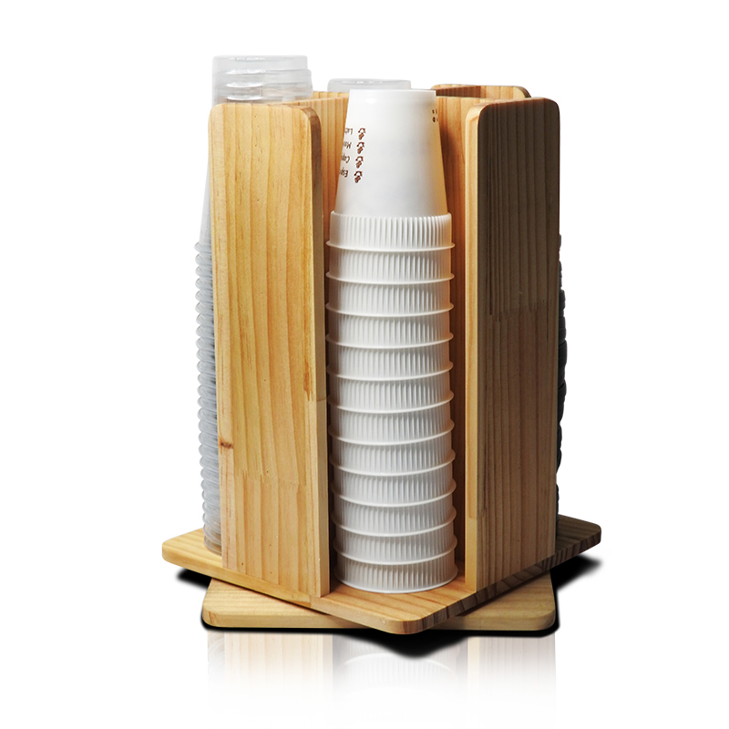 ที่ใส่แก้วกาแฟ กล่องจ่ายแก้ว ที่วางแก้วเครื่องดื่ม ไม้สีน้ำตาล 4 ช่อง ฐานตั้ง หมุนได้ 360 องศา