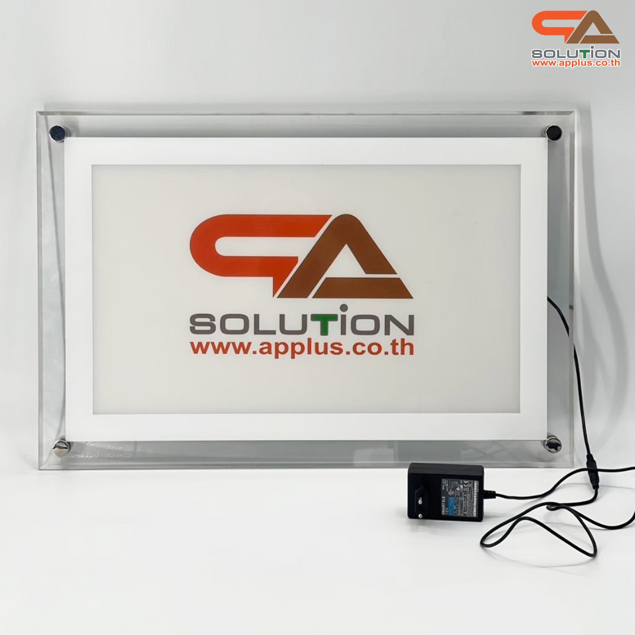 CLEARANCE SALE! กรอบป้ายไฟ LED รุ่น Crystal ขอบสีขาว กรอบใสเรืองแสง พร้อมหมุดสแตนเลส ขนาด (W)40 x (L)60 cm.