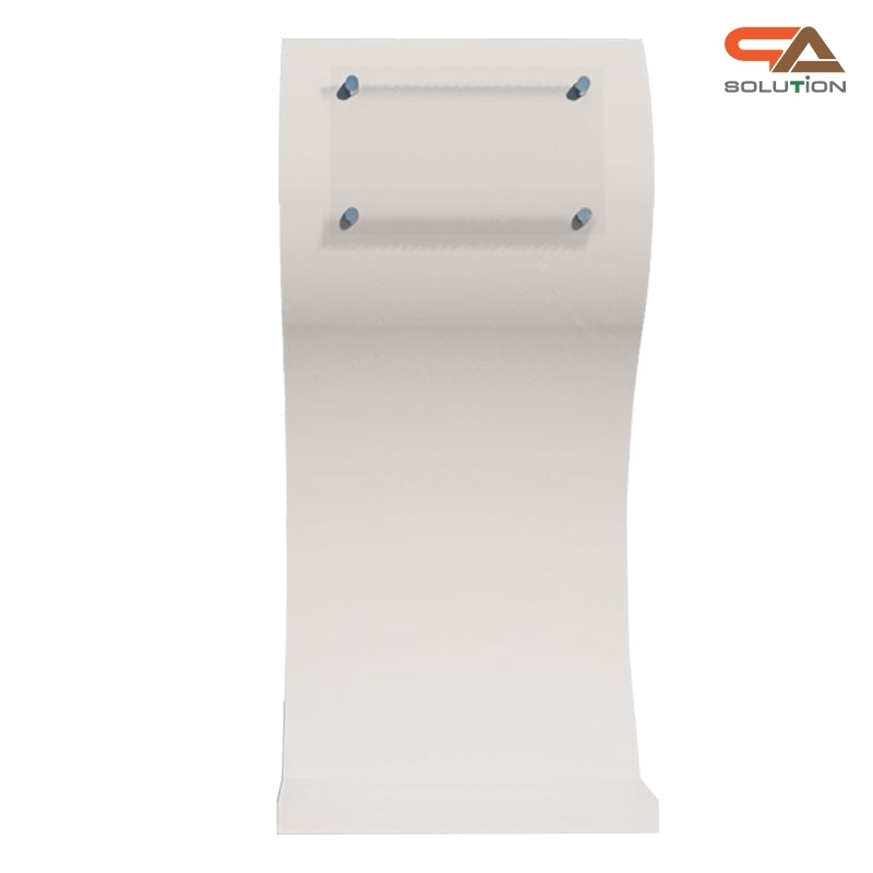 โพเดียมไม้ สีขาว ทรง S ขนาด (W)55 x (L)35 x (H)119 ซม. พร้อมอะคริลิคติดหมุดด้านหน้า สำหรับติดโลโก้