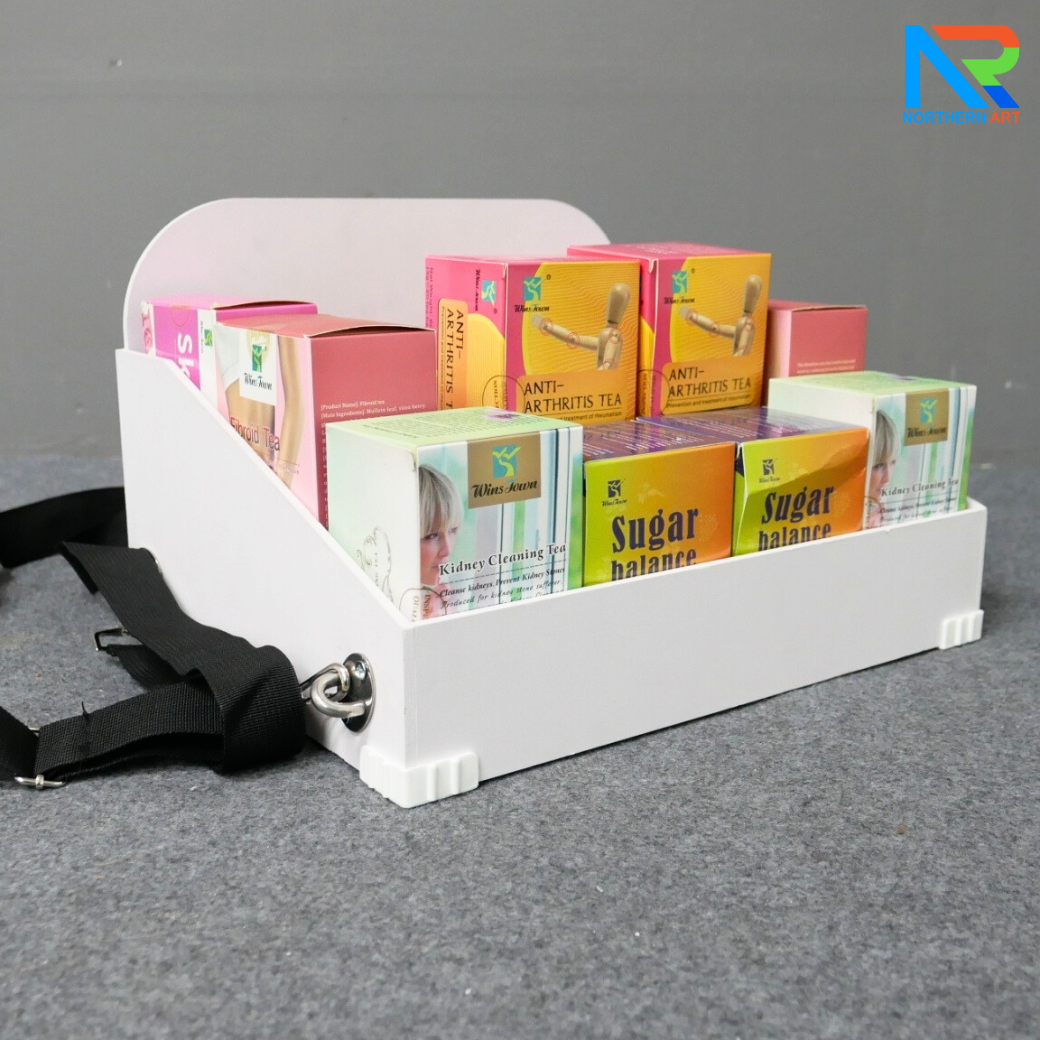 SAMPLING MOBILE TRAY ถาดแจกเคลื่อนที่ ขนาด (W)35 x (D)25 x (H)20 cm. วัสดุโครงพลาสวูดพร้อมสายคล้อง