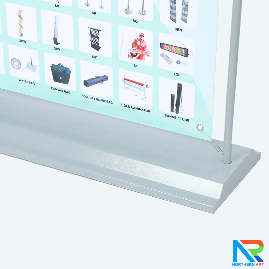 CLEARANCE SALE! ป้ายตั้งพื้น รุ่นแขวน ฐานพลาสติกขึ้นรูป ขนาด 80x180 ซม. โครงเหล็กสีเทาพร้อมขอแขวน 4 มุม ถอดประกอบได้ เคลื่อนย้ายสะดวก