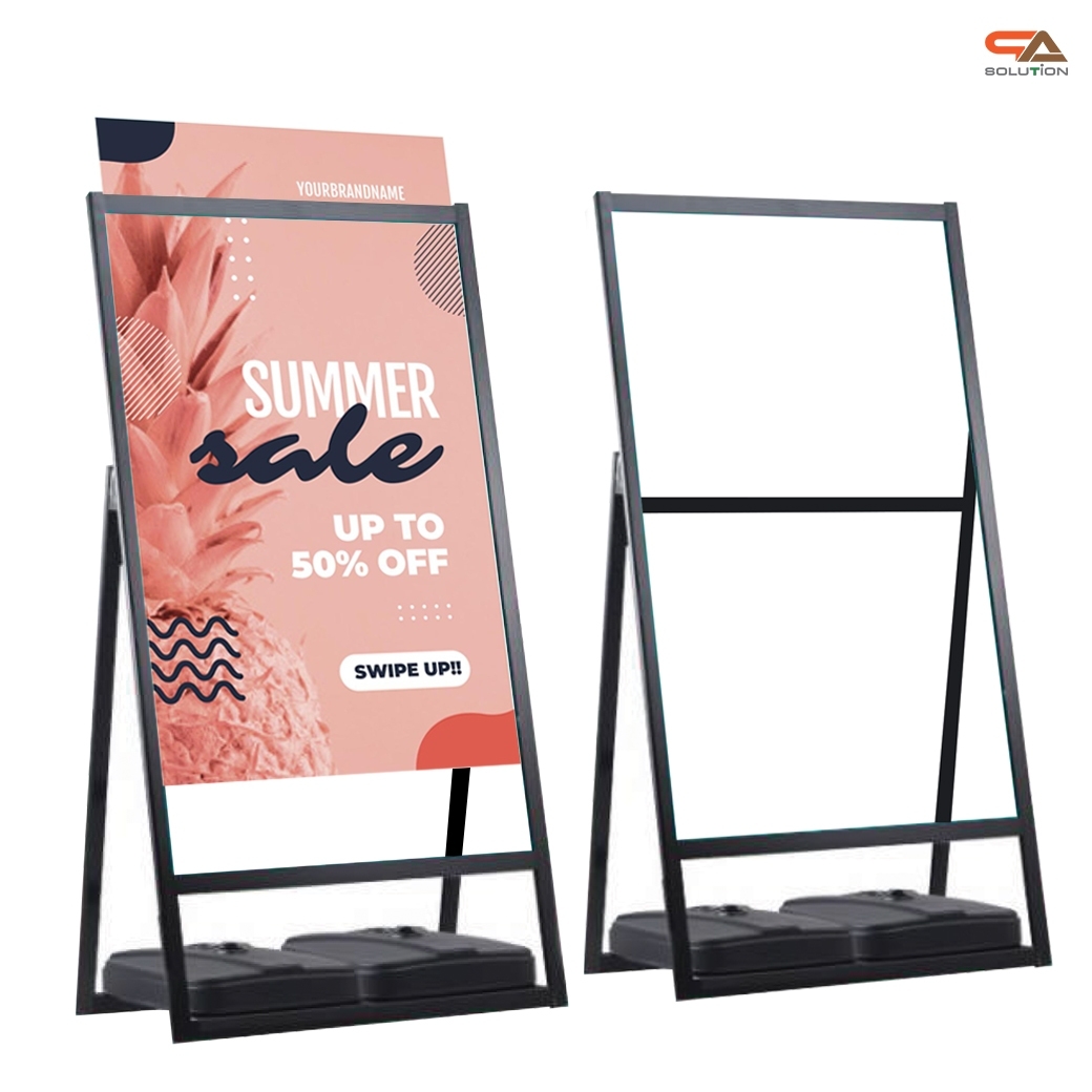 ป้ายตั้งพื้น พับได้ ฐานน้ำ ขนาด 80x120 cm. โชว์งานพิมพ์1ด้าน สอดงานพิมพ์ด้านบน พร้อมฐานน้ำถ่วงน้ำหนัก มั่นคง ไม่ล้ม