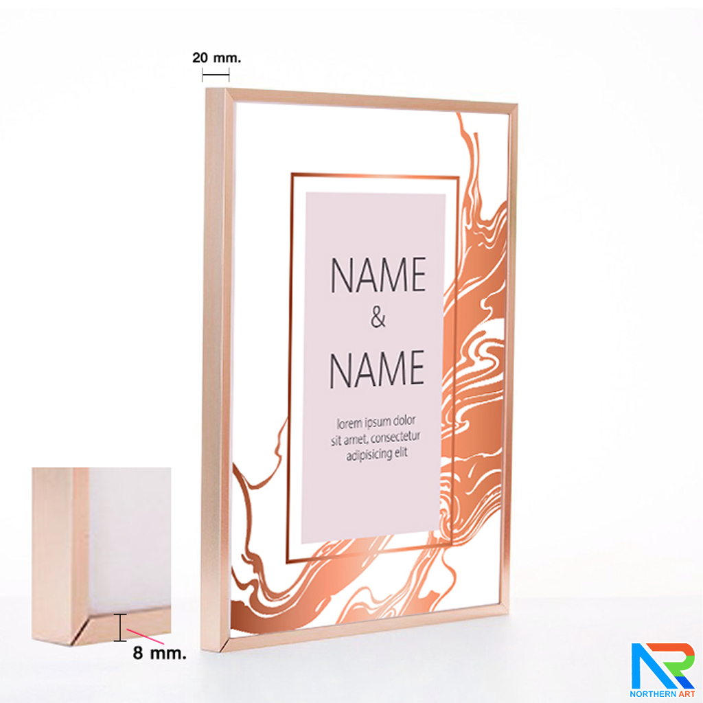 กรอบภาพ รุ่น B สีโรสโกลด์ เปิดเฟรมด้านบนเพื่อสอดงานพิมพ์ น้ำหนักเบา ติดตั้งง่าย ไม่ต้องเจาะผนัง