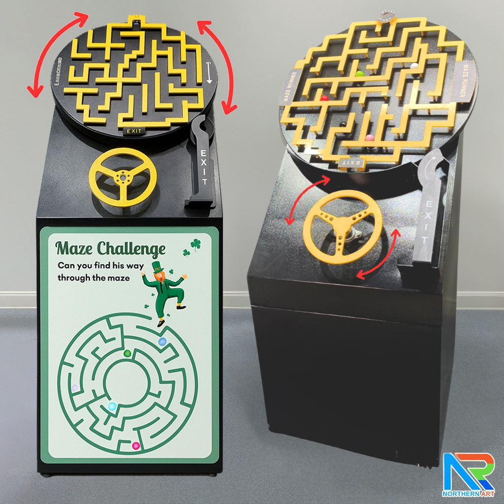 เกมส์เขาวงกต รุ่นพวงมาลัยรถ ขนาด (W)70 x (D)60 x (H)145 cm. โครงเหล็กพ่นสีอุตสาหกรรมพร้อมล้อเลื่อน ลูกแก้วคละสี 5 ลูก