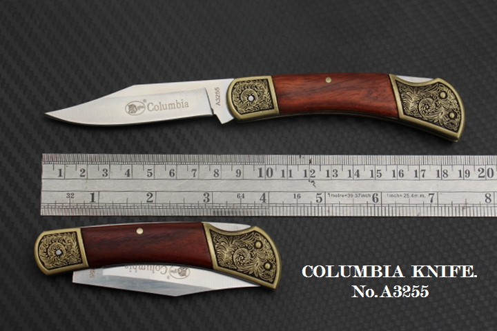 มีดพับทรงคลาสสิค COLUMBIA No.A3255 ด้ามไม้แท้ + ทองเหลืองแกะลายไม้เลื้อย