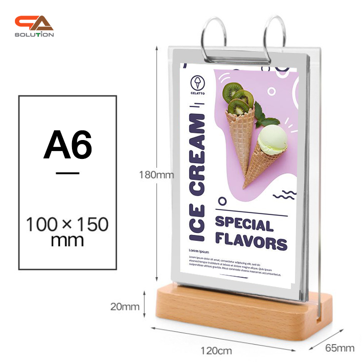 เมนูสแตนด์ตั้งโต๊ะ รุ่น D3 ฐานไม้จริง สีบีช พร้อมซอง 6 ซอง โชว์งานพิมพ์ 2 ด้าน ขนาด A4 , A5 และ A6