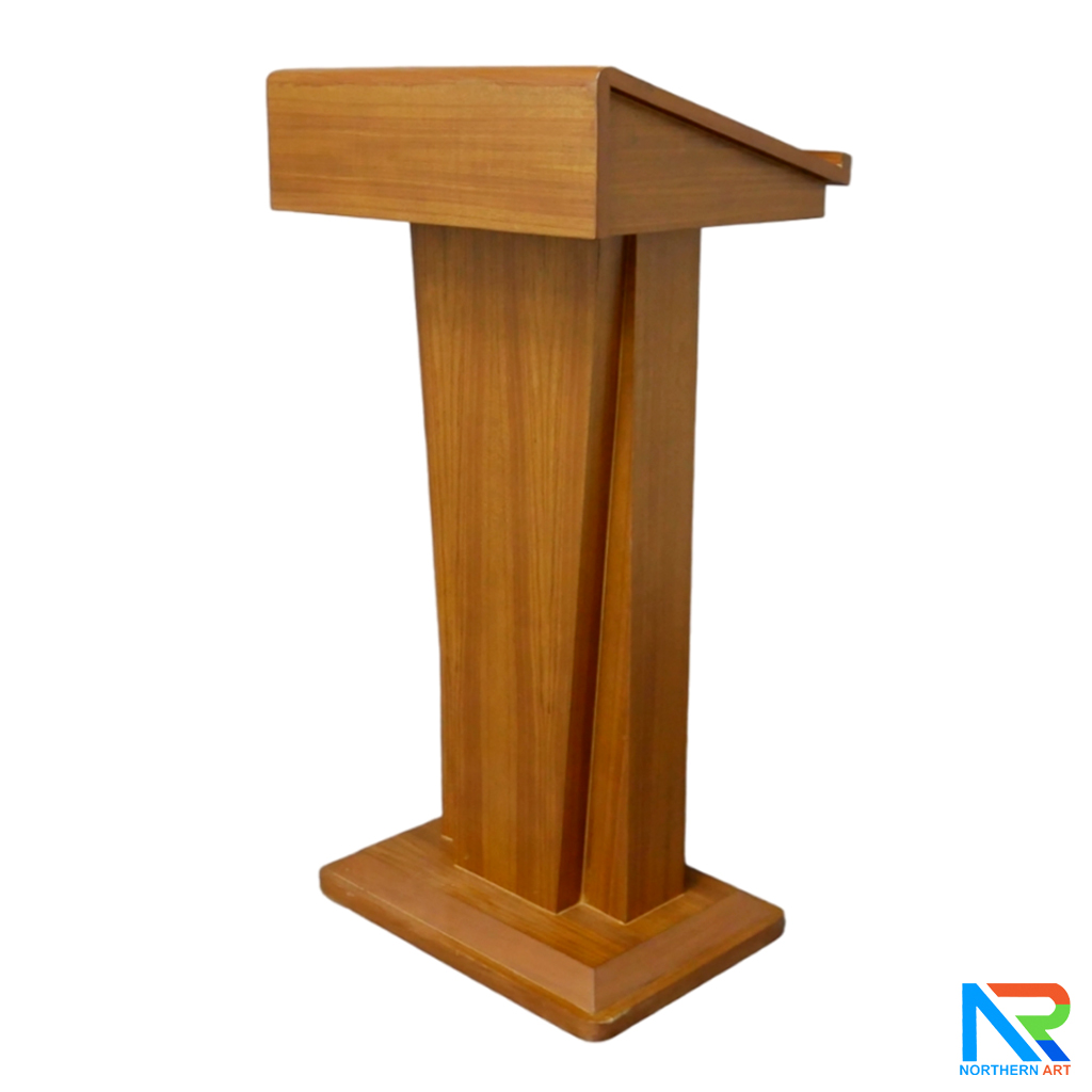 โพเดียมไม้ สีสัก ทรงโมเดิร์น TOP เอียง ขนาด (W)58 x (L)46 cm. สูง 114 cm. พร้อมตู้ใส่ของ มีกุญแจล็อค