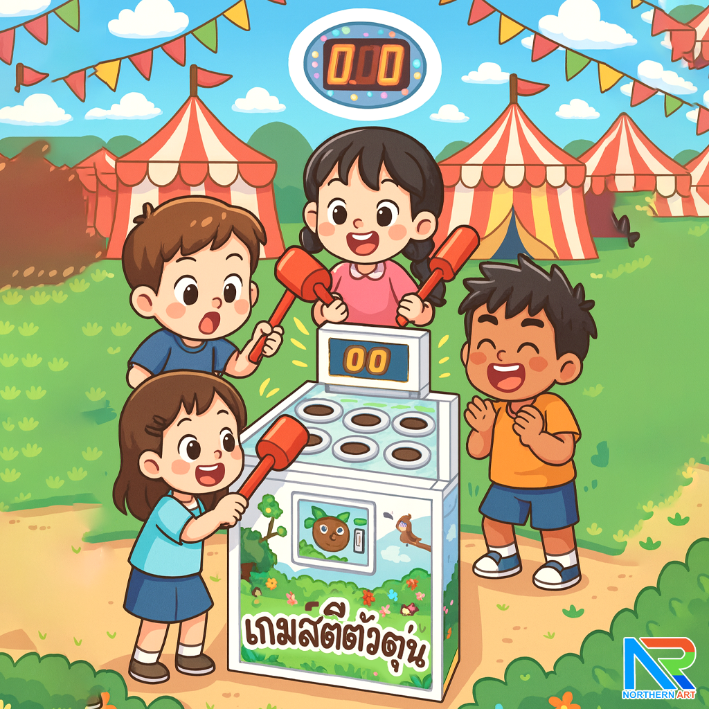 เช่าเกมส์ตีตุ่น ขนาด (W)65 x (D)43 x (H)116 cm. พร้อมไฟ LED นับคะแนน กุญแจสำหรับไขตู้เกมส์ 4 ดอก พร้อมเหรียญ 10 เหรียญ