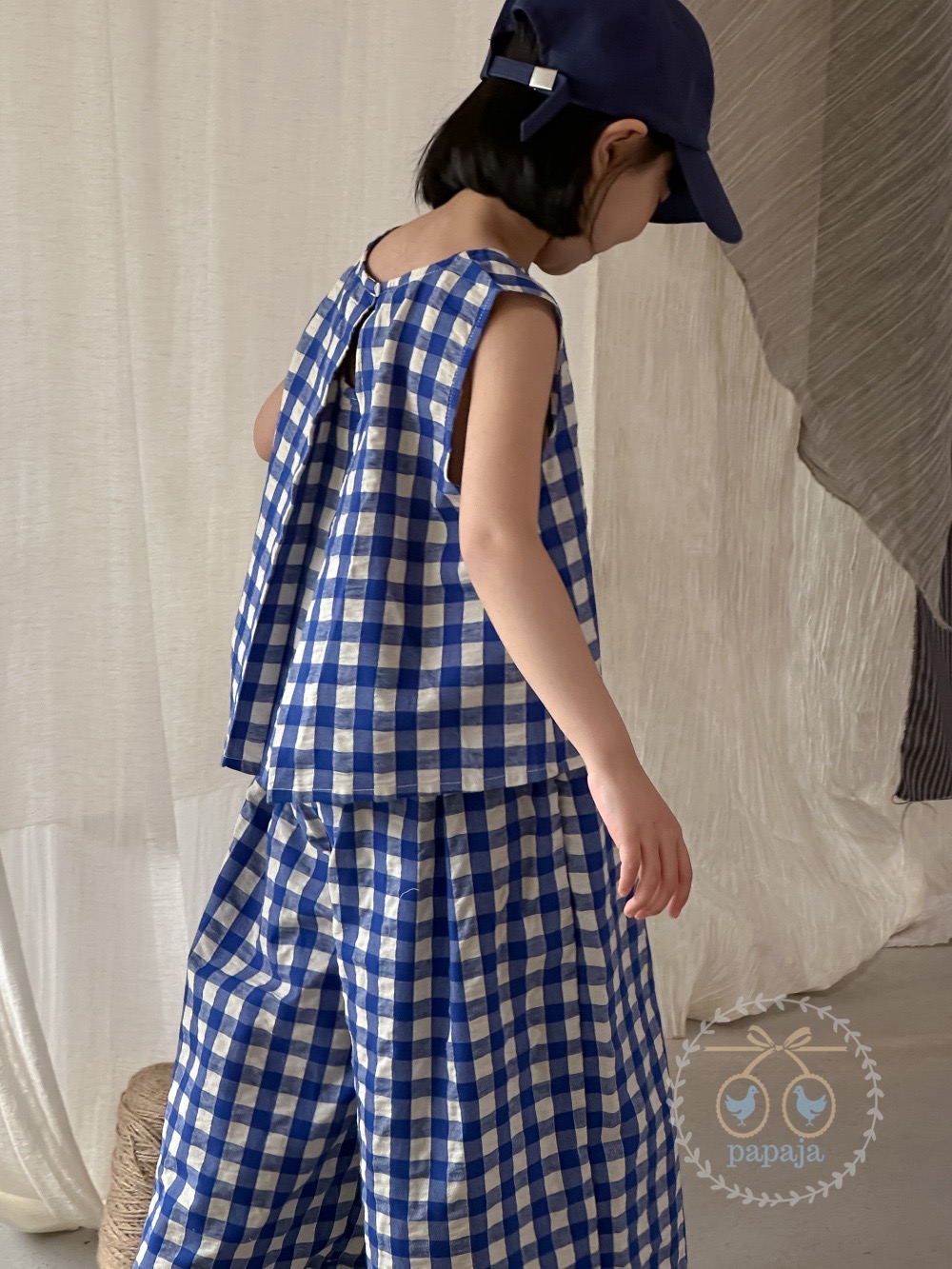 เซตเสื้อแขนกุด+กางเกงขายาวลายสก็อตสีน้ำเงิน