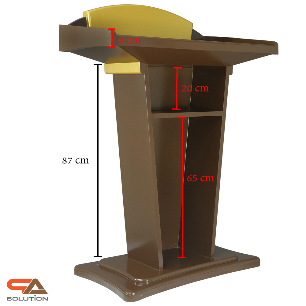 CLEARANCE SALE! โพเดียมไม้สีโอ๊คและสีทอง รุ่น PD-07 ขนาดTOP 90 x 46 ซม.สูง 120 ซม. พร้อมชั้นวางของ