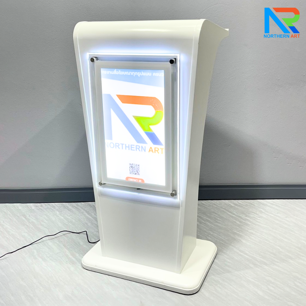 โพเดียมไม้ LED สีขาว ขนาด (W)55 x (L)45 x (H)112 cm. พร้อม LED CRYSTAL FRAME ด้านหน้า