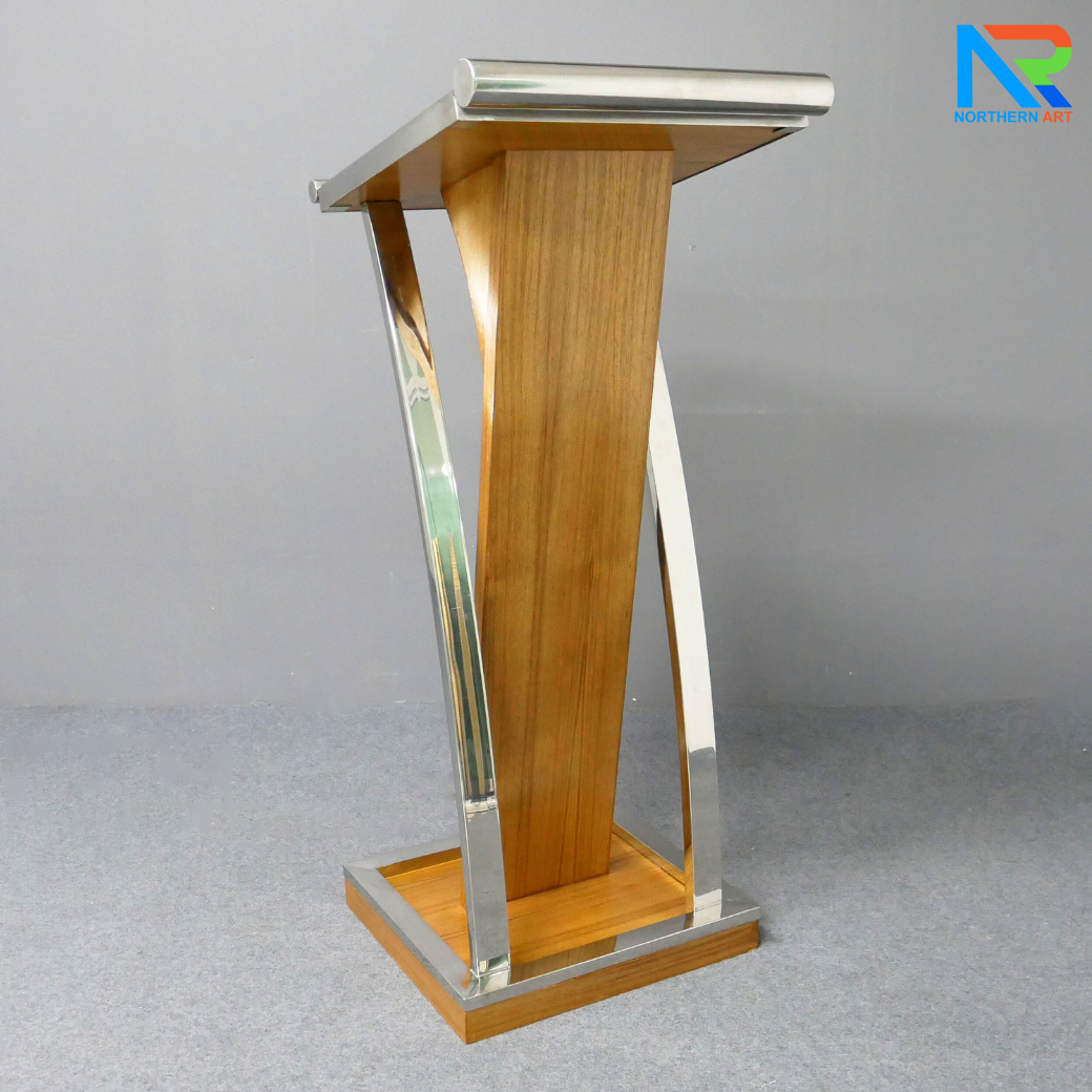 โพเดียมไม้จริง สีสัก PD-01 ขนาด (W)48 x (L)51 x (H)120 cm Top หุ้มสแตนเลส เกรด 304 แข็งแรงทนทาน พร้อมจัดส่งทั่วไทย