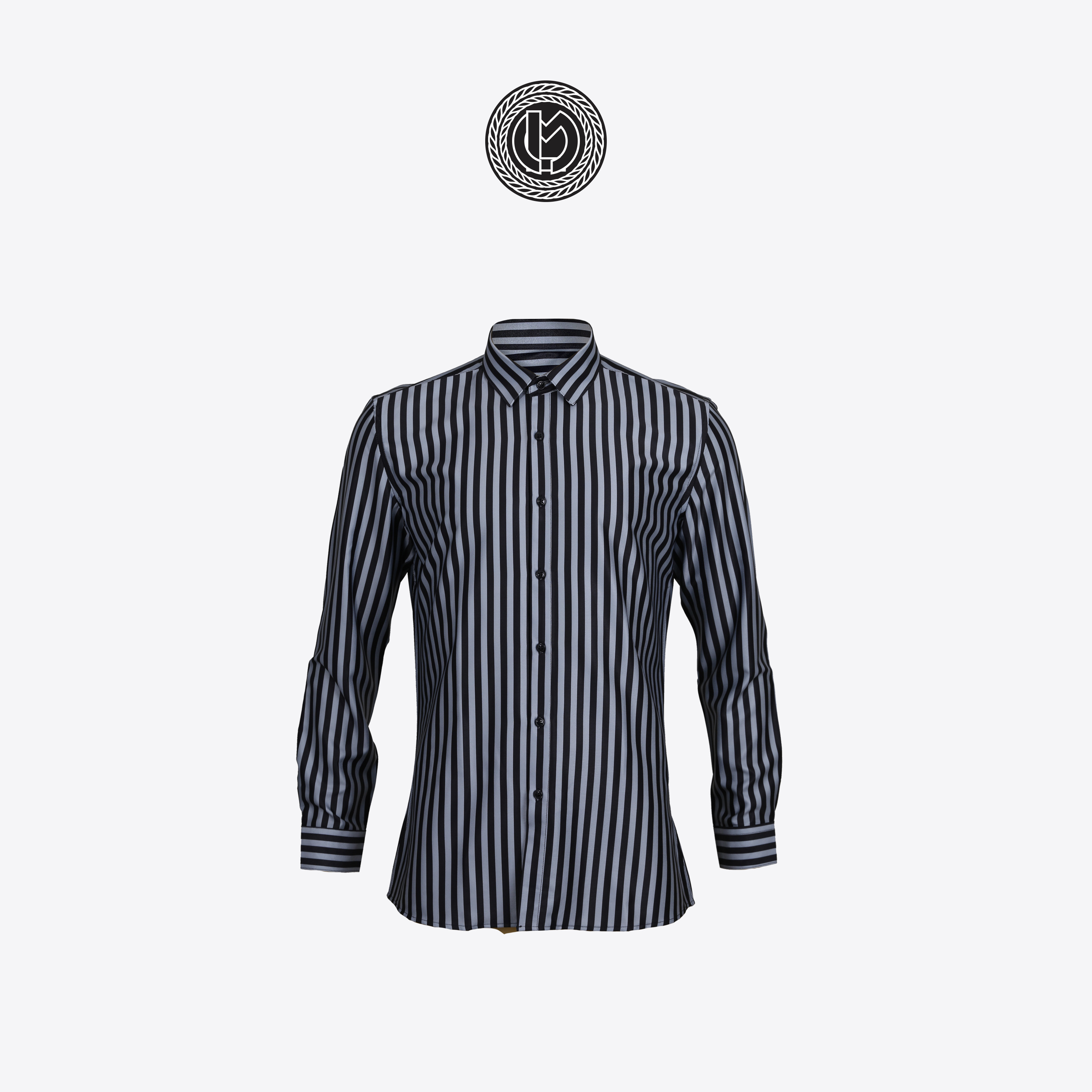 เสื้อเชิ้ตลายทางสีดำเทา Black Grey Stripped Shirt (Standard Collar)