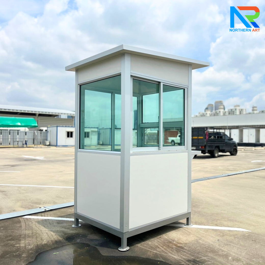 ป้อมยามสำเร็จรูป รุ่น ISOWALL ขนาด 1.20x1.20 ม.โครงสร้างเหล็ก ผนังISOWALL หนา 50 มม.กรอบประตู-หน้าต่าง อะลูมิเนียมสีเงิน