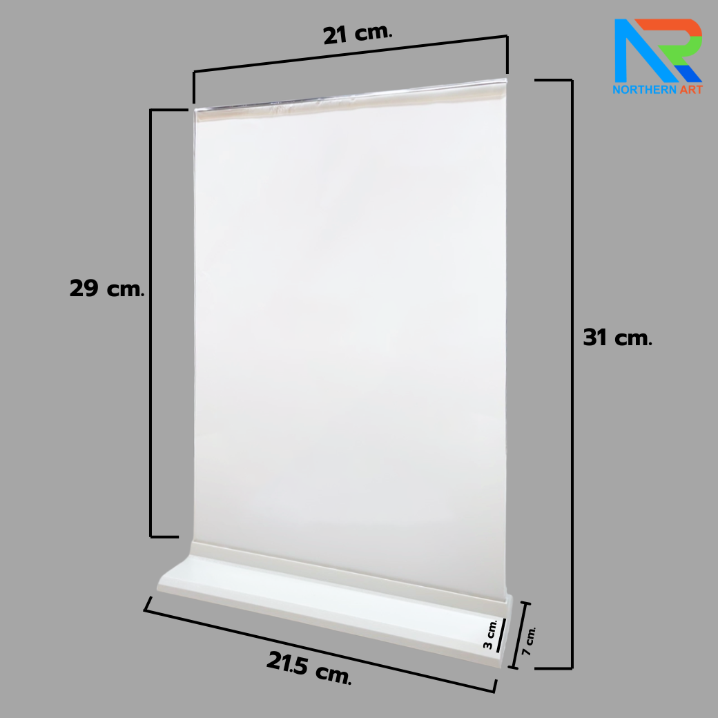 ป้ายตั้งโต๊ะ อะคริลิค ฐานพลาสติก สีขาว ขนาด A4 โชว์งานพิมพ์ได้ 2 หน้า ถอดประกอบได้