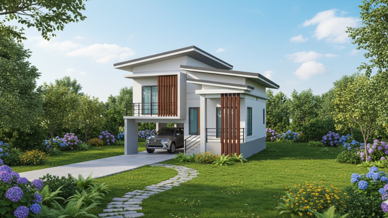 แบบบ้านโมเดิร์นชั้นครึ่ง 2 ห้องนอน 2 ห้องน้ำ จอดรถ1คัน