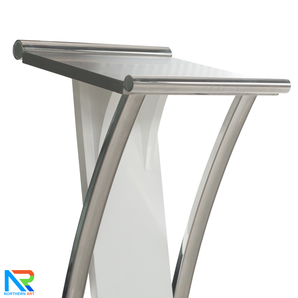 โพเดียมไม้จริง สีขาว PD-01 ขนาด (W) 48x (L) 51 (H) 120 cm Top หุ้มสแตนเลส เกรด 304 พร้อมตกแต่งเสาโค้งสแตนเลส