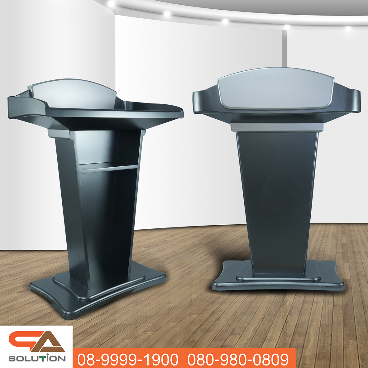 CLEARANCE SALE! โพเดียมไม้สีเทามุก รุ่น PD-07 ขนาดTOP 90 x 46 ซม.สูง 120 ซม. พร้อมชั้นวางของ(สินค้าตัวโชว์)